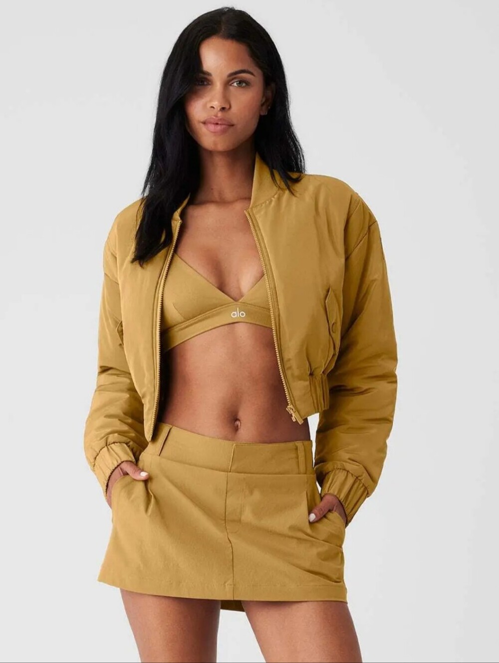 Alo Yoga Cropped Break Line Bomber Jacket Gold Ochre Mustard Size Small